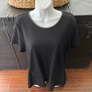 Liz Claiborne Career Black Short Sleeve Knit Top with Leather Trim Large